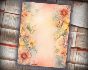 16 papers | Dusty Sunflower and Tulip Fairy Tale Watercolor Illustration, Pastel Shabby Chic Ephemera for Scrapbooking, Journaling