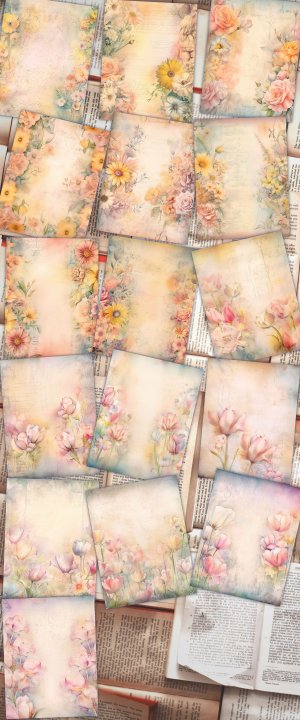 16 papers | Dusty Sunflower and Tulip Fairy Tale Watercolor Illustration, Pastel Shabby Chic Ephemera for Scrapbooking, Journaling