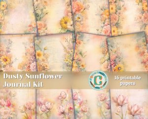 16 papers | Dusty Sunflower and Tulip Fairy Tale Watercolor Illustration, Pastel Shabby Chic Ephemera for Scrapbooking, Journaling