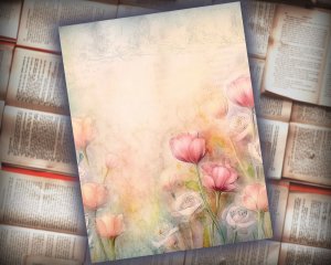 20 Papers | Dusty Tulips Watercolor Scrapbooking Kit, Shabby Chic Ephemera, Printable Journaling Pages, Pastel Junk Journal Kit