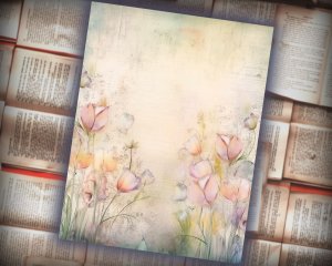 20 Papers | Dusty Tulips Watercolor Scrapbooking Kit, Shabby Chic Ephemera, Printable Journaling Pages, Pastel Junk Journal Kit