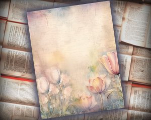 20 Papers | Dusty Tulips Watercolor Scrapbooking Kit, Shabby Chic Ephemera, Printable Journaling Pages, Pastel Junk Journal Kit