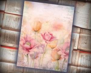 20 Papers | Dusty Tulips Watercolor Scrapbooking Kit, Shabby Chic Ephemera, Printable Journaling Pages, Pastel Junk Journal Kit