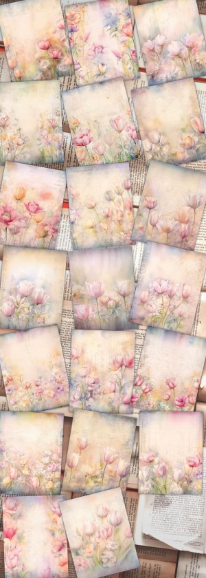 20 Papers | Dusty Tulips Watercolor Scrapbooking Kit, Shabby Chic Ephemera, Printable Journaling Pages, Pastel Junk Journal Kit