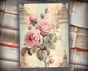 16 papers | Elegant Pastel Green & Cream Baroque Scrapbooking Papers, Shabby Chic Roses Detailing, Printable Junk Journal Kit