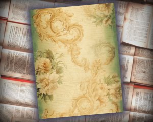 16 papers | Elegant Pastel Green & Cream Baroque Scrapbooking Papers, Shabby Chic Roses Detailing, Printable Junk Journal Kit