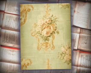 16 papers | Elegant Pastel Green & Cream Baroque Scrapbooking Papers, Shabby Chic Roses Detailing, Printable Junk Journal Kit