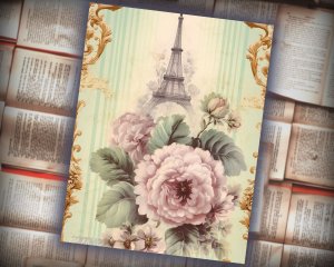 16 papers | Elegant Pastel Green & Cream Baroque Scrapbooking Papers, Shabby Chic Roses Detailing, Printable Junk Journal Kit