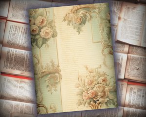 16 papers | Elegant Pastel Green & Cream Baroque Scrapbooking Papers, Shabby Chic Roses Detailing, Printable Junk Journal Kit