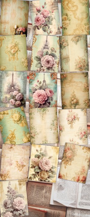 16 papers | Elegant Pastel Green & Cream Baroque Scrapbooking Papers, Shabby Chic Roses Detailing, Printable Junk Journal Kit