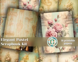 16 papers | Elegant Pastel Green & Cream Baroque Scrapbooking Papers, Shabby Chic Roses Detailing, Printable Junk Journal Kit