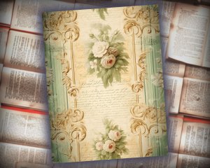 18 papers | Elegant Pastel Rococo Scrapbooking Kit, Golden Flourishes and Rose Detailed Shabby Chic Printable Paper for Junk Journaling