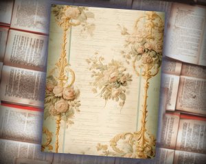 18 papers | Elegant Pastel Rococo Scrapbooking Kit, Golden Flourishes and Rose Detailed Shabby Chic Printable Paper for Junk Journaling