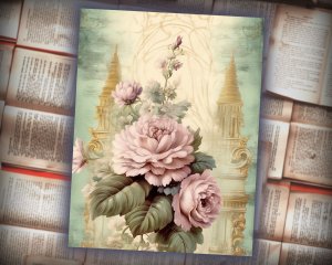 18 papers | Elegant Pastel Rococo Scrapbooking Kit, Golden Flourishes and Rose Detailed Shabby Chic Printable Paper for Junk Journaling