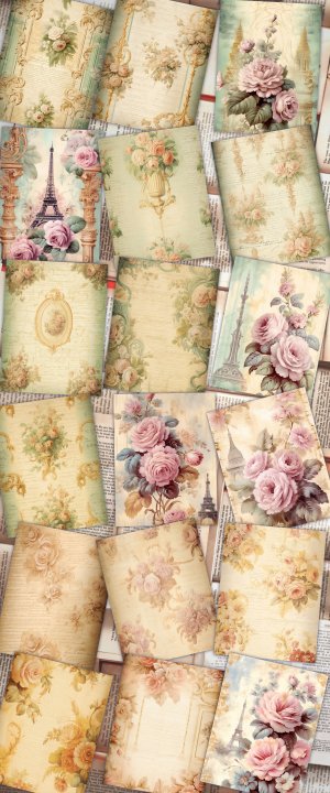 18 papers | Elegant Pastel Rococo Scrapbooking Kit, Golden Flourishes and Rose Detailed Shabby Chic Printable Paper for Junk Journaling