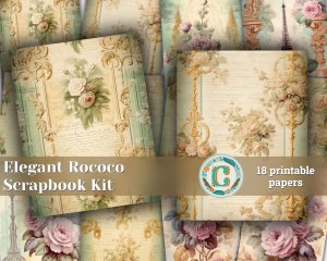 18 papers | Elegant Pastel Rococo Scrapbooking Kit, Golden Flourishes and Rose Detailed Shabby Chic Printable Paper for Junk Journaling