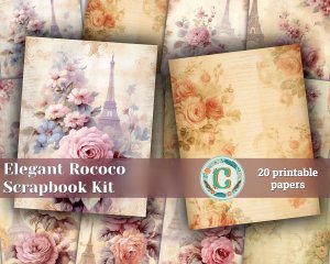 20 papers | Elegant Rococo Cream & Gold Flourish Scrapbooking Kit, Leafy Scrolls Invitation Design, Rose Adorned Printable Papers