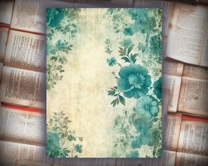 24 Papers | Emerald Ivory & Indigo Sand Blue Printable Junk Journal Kit, Shabby Chic Vintage Floral Lined Paper