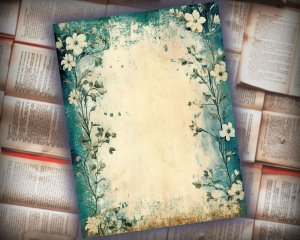 24 Papers | Emerald Ivory & Indigo Sand Blue Printable Junk Journal Kit, Shabby Chic Vintage Floral Lined Paper