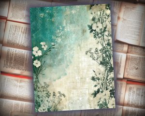 24 Papers | Emerald Ivory & Indigo Sand Blue Printable Junk Journal Kit, Shabby Chic Vintage Floral Lined Paper