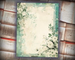 24 Papers | Emerald Ivory & Indigo Sand Blue Printable Junk Journal Kit, Shabby Chic Vintage Floral Lined Paper