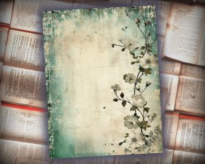 24 Papers | Emerald Ivory & Indigo Sand Blue Printable Junk Journal Kit, Shabby Chic Vintage Floral Lined Paper