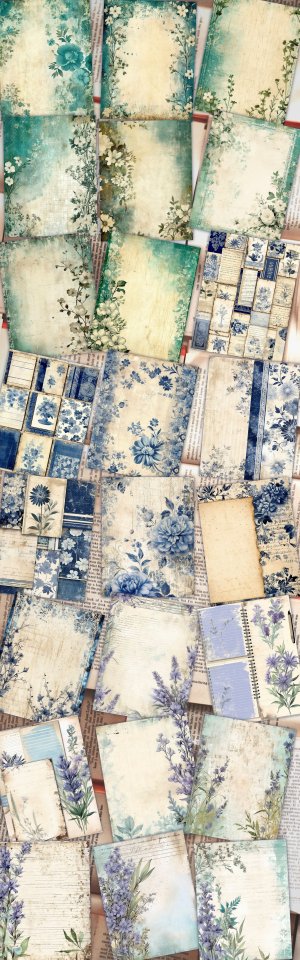 24 Papers | Emerald Ivory & Indigo Sand Blue Printable Junk Journal Kit, Shabby Chic Vintage Floral Lined Paper