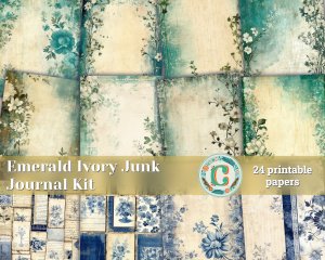 24 Papers | Emerald Ivory & Indigo Sand Blue Printable Junk Journal Kit, Shabby Chic Vintage Floral Lined Paper