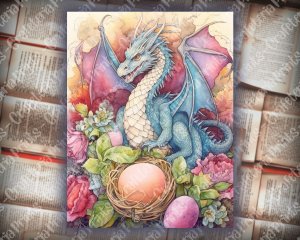 Dragon Junk Journal Page, Fantasy Enchanted Forest, Wildflowers, Dragon Eggs, Watercolor Fairytale, Detailed and Sharp, Old Rice Paper