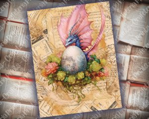 Dragon Junk Journal Page, Fantasy Enchanted Forest, Wildflowers, Dragon Eggs, Watercolor Fairytale, Detailed and Sharp, Old Rice Paper