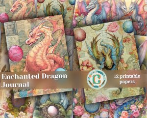 Dragon Junk Journal Page, Fantasy Enchanted Forest, Wildflowers, Dragon Eggs, Watercolor Fairytale, Detailed and Sharp, Old Rice Paper