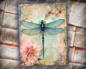 Iridescent Dragonfly Junk Journal Page, Fantasy Enchanted Forest, Watercolor Illustration, Fairytale Design, High-Res Printable