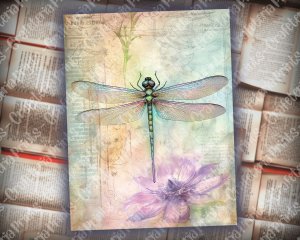 Iridescent Dragonfly Junk Journal Page, Fantasy Enchanted Forest, Watercolor Illustration, Fairytale Design, High-Res Printable