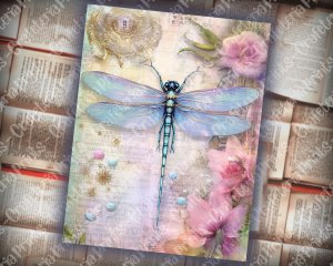 Iridescent Dragonfly Junk Journal Page, Fantasy Enchanted Forest, Watercolor Illustration, Fairytale Design, High-Res Printable