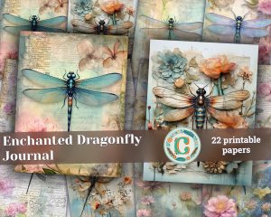 Iridescent Dragonfly Junk Journal Page, Fantasy Enchanted Forest, Watercolor Illustration, Fairytale Design, High-Res Printable