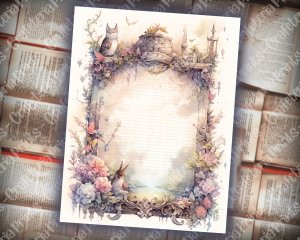 Beautiful Watercolor Vintage Junk Journal Old Vintage Single Page with Magic Fantasy Enchanted Forest, Vivid Colors, Intricate Details