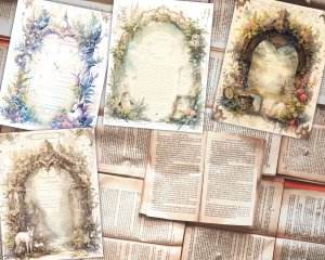 4 Papers | Vintage Enchanted Forest Scrapbooking Kit | Watercolor Junk Journal Pages | Printable Paper Templates | Shabby Chic Designs