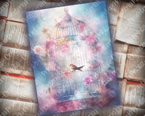 Caged Birds Junk Journal Page, Fantasy Enchanted Forest, Wildflowers, Watercolor, Fairytale, Detailed and Sharp, Old Rice Paper