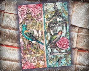 Caged Birds Junk Journal Page, Fantasy Enchanted Forest, Wildflowers, Watercolor, Fairytale, Detailed and Sharp, Old Rice Paper