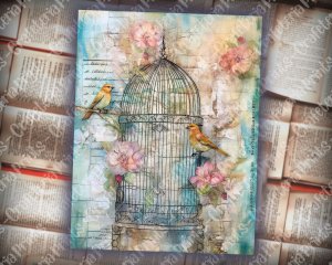 Caged Birds Junk Journal Page, Fantasy Enchanted Forest, Wildflowers, Watercolor, Fairytale, Detailed and Sharp, Old Rice Paper