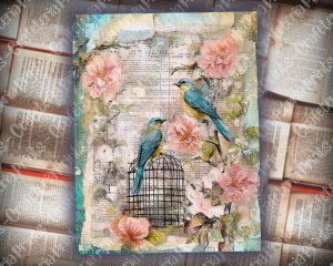 Caged Birds Junk Journal Page, Fantasy Enchanted Forest, Wildflowers, Watercolor, Fairytale, Detailed and Sharp, Old Rice Paper