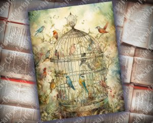 Caged Birds Junk Journal Page, Fantasy Enchanted Forest, Wildflowers, Watercolor, Fairytale, Detailed and Sharp, Old Rice Paper