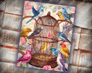 Caged Birds Junk Journal Page, Fantasy Enchanted Forest, Wildflowers, Watercolor, Fairytale, Detailed and Sharp, Old Rice Paper