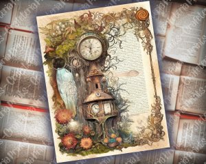 Beautiful Watercolor Vintage Junk Journal Single Page | Enchanted Forest, Vivid Colors, Printable Template for Invitations, Digital Planners