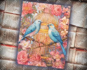 Caged Birds Junk Journal Page - Fantasy Enchanted Forest with Wildflowers. Watercolor Fairytale Design on Old Rice Paper. Pink, Mint, Blue