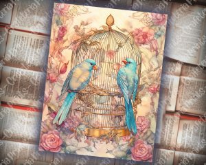 Caged Birds Junk Journal Page - Fantasy Enchanted Forest with Wildflowers. Watercolor Fairytale Design on Old Rice Paper. Pink, Mint, Blue