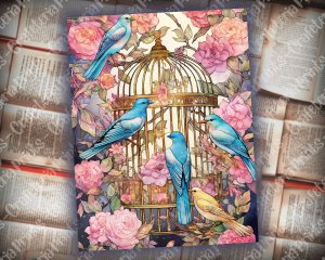 Caged Birds Junk Journal Page - Fantasy Enchanted Forest with Wildflowers. Watercolor Fairytale Design on Old Rice Paper. Pink, Mint, Blue