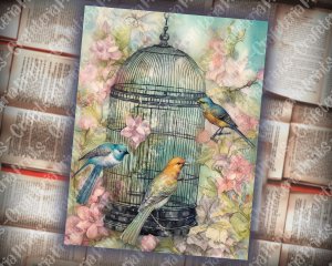 Caged Birds Junk Journal Page - Fantasy Enchanted Forest with Wildflowers. Watercolor Fairytale Design on Old Rice Paper. Pink, Mint, Blue