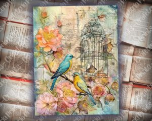 Caged Birds Junk Journal Page - Fantasy Enchanted Forest with Wildflowers. Watercolor Fairytale Design on Old Rice Paper. Pink, Mint, Blue