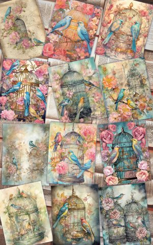 Caged Birds Junk Journal Page - Fantasy Enchanted Forest with Wildflowers. Watercolor Fairytale Design on Old Rice Paper. Pink, Mint, Blue